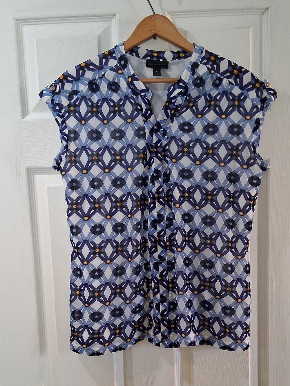 Worthington Light Blue & Navy Geo-Print Cap Sleeve Blouse